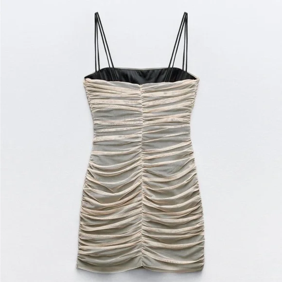 Zara NWT flower appliqué ruched mesh tulle spaghetti strap mini dress - Picture 8 of 9